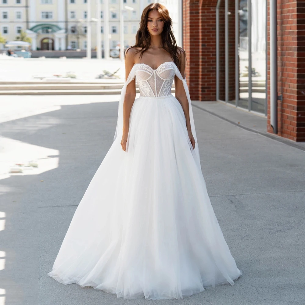 

Weilinsha Bohemian Off the Shoulder Appliques Wedding Dresses for Brides Sweetheart Tulle A-Line Sexy Backless Bridal Dress