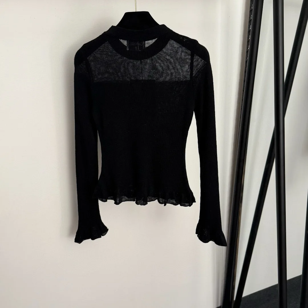 

Осень 2025 г., новый повседневный женский вязаный топ с длинными рукавами, модный однотонный сексуальный сетчатый топ с рюшами, нижняя рубашка 925C