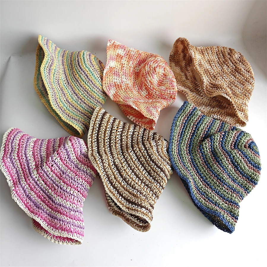 

Summer Women's Crochet Bucket Hat Foldable Striped Sun Caps with Shapeable Wire Brim Packable Beach Straw Hat Casquette Holiday