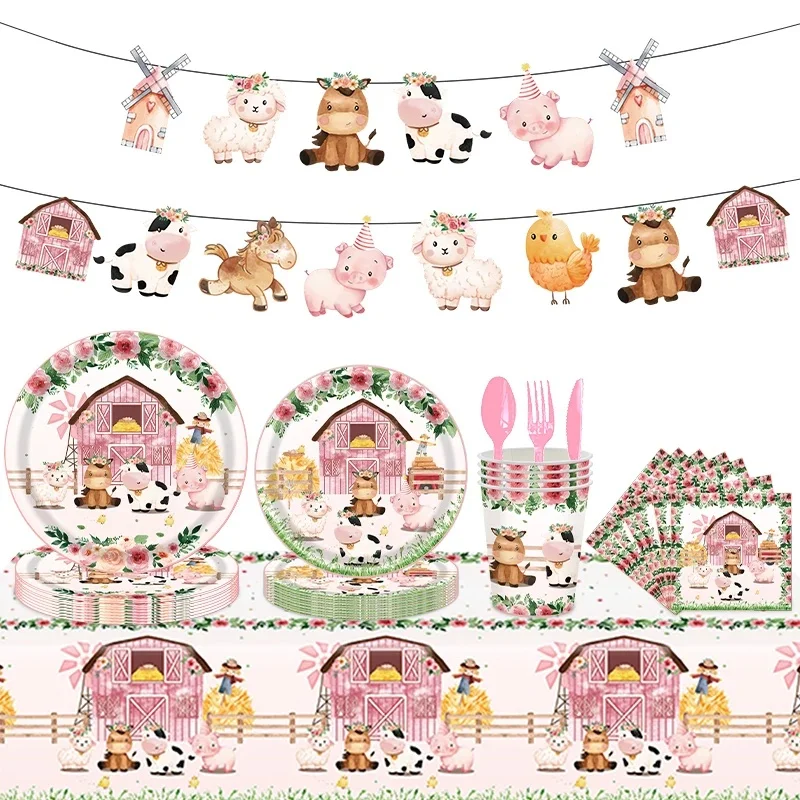 Ensemble de vaisselle jetable pour fête sur le thème des animaux de la ferme, gobelets, assiettes, nappe, ballons, fournitures de décoration d'anniversaire pour enfants