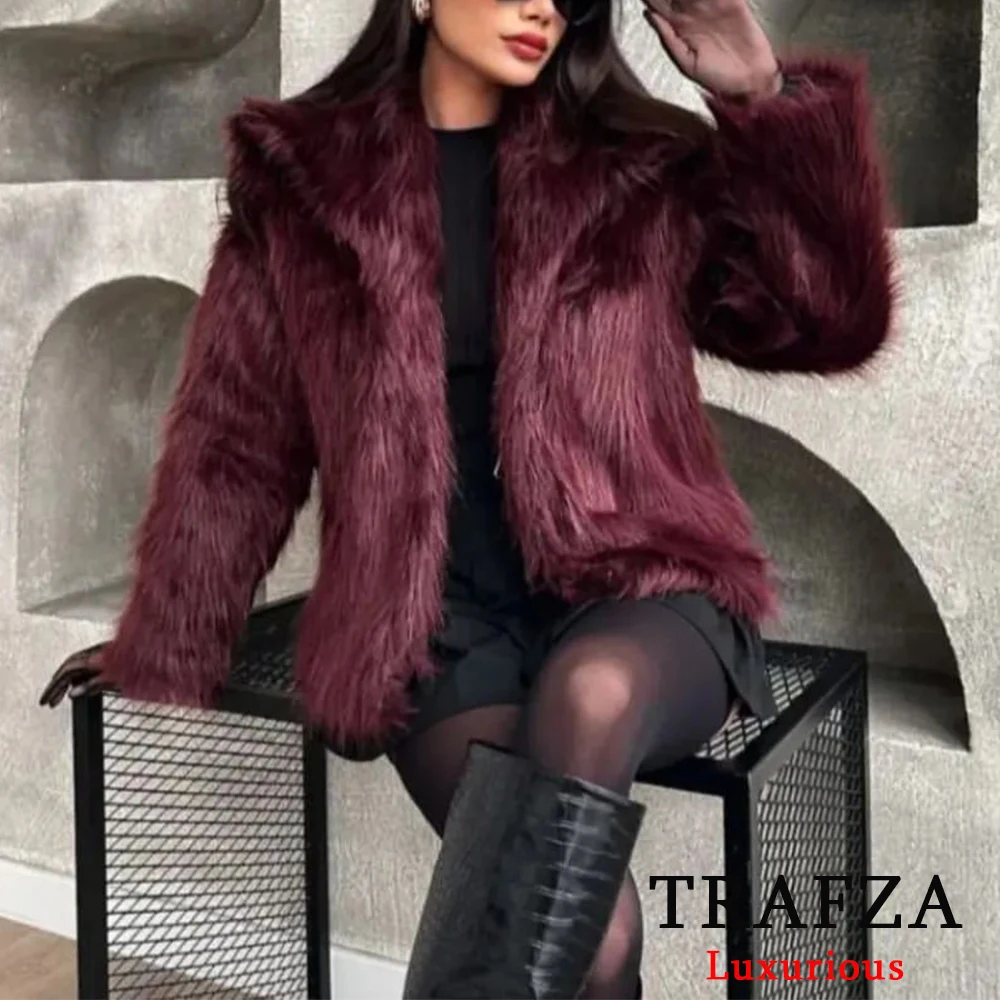 TRAFZA Solid Claret Faux Fur Jackets Women Coats Thick Warm Soft Cropped Jakcets Vintage 2024 Long Sleeve Winter Coat Outwears