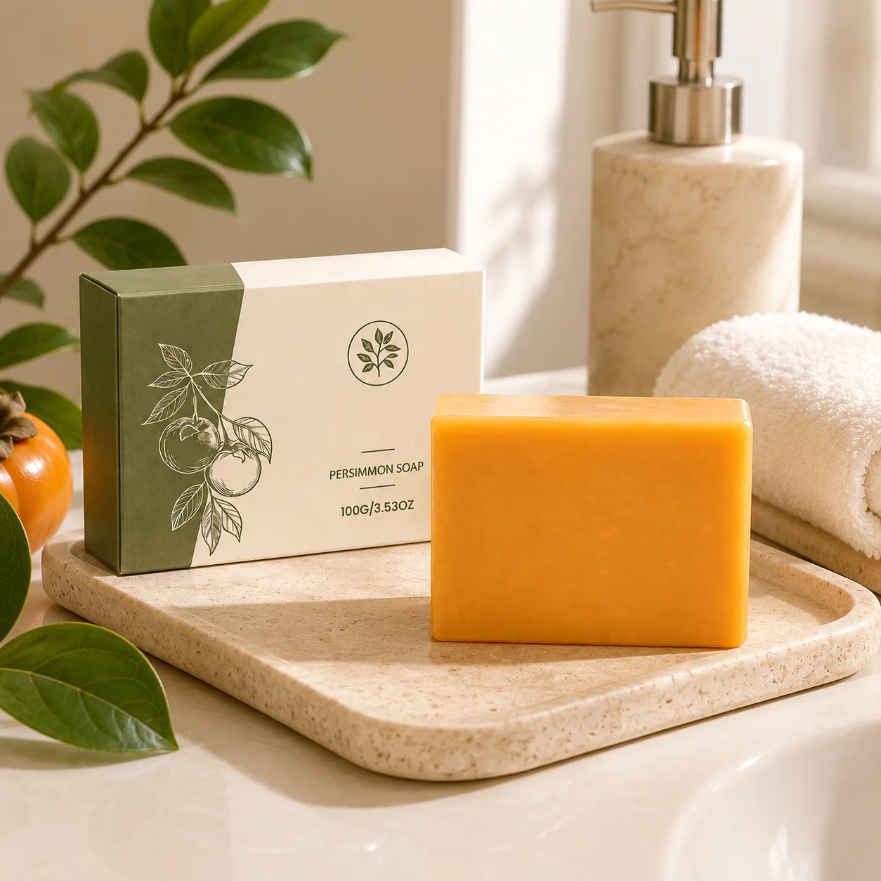 1Pcs Natural PersimmonExtract Soap Shea Butter Nourishing Body Cleansing Bar Gentle Moisturizing Bath Hand Soap For Daily Shower