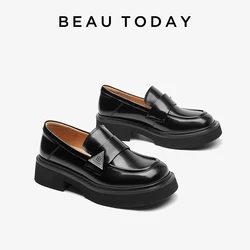 BEAUTODAY Moccasin Loafers Women Cow Leather Platfrom Flats Round Toe Sliver Metal Buckle Ladies Thick Sole Shoes A26621