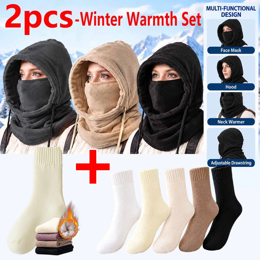 2Pcs Women Winter Warm Set: Fleece Windproof Balaclava+Thick Thermal Towel Socks, Adjustable Face Cover for Ski Cycling Outdoor