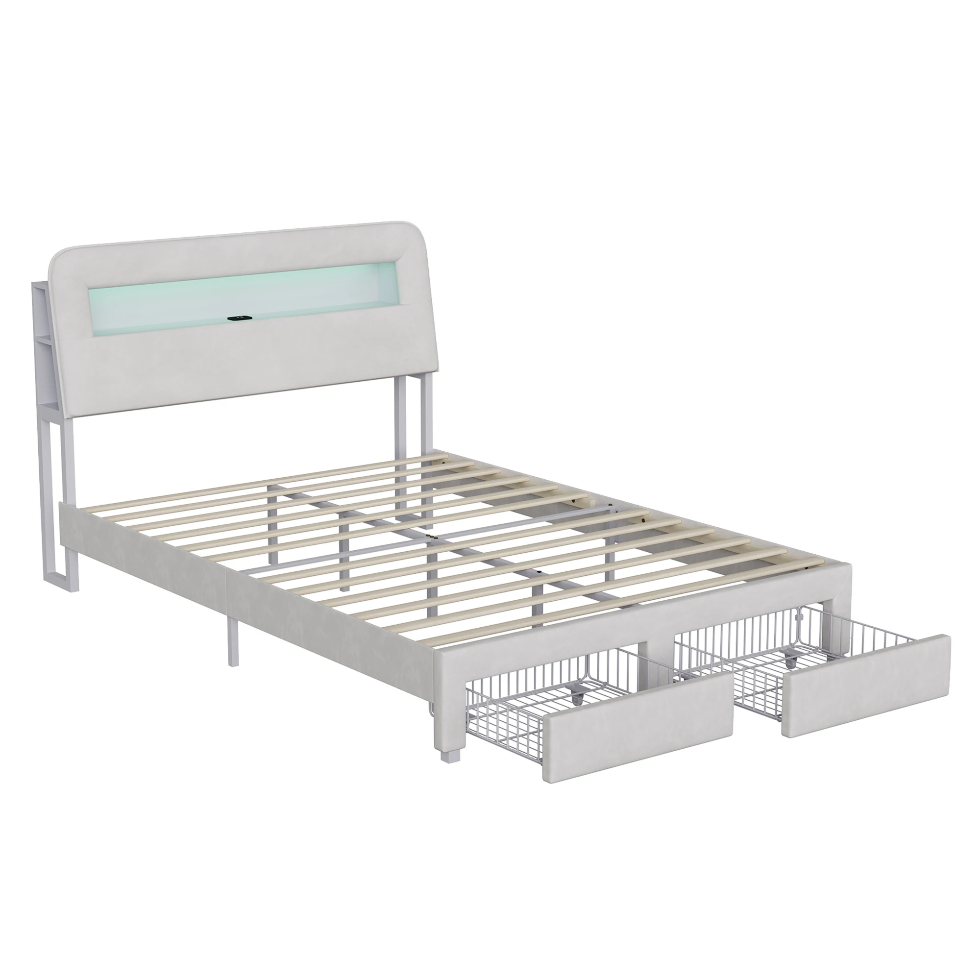 Doppelbett Polsterbett 160x200 cm, Stauraumbett mit Schubladen und Staufach Kopfteil, Samt Beige Bettgestell mit Lattenrost, Funktionsbett Jugendbett, platzsparendes Plattformbett für Schlafzimmer