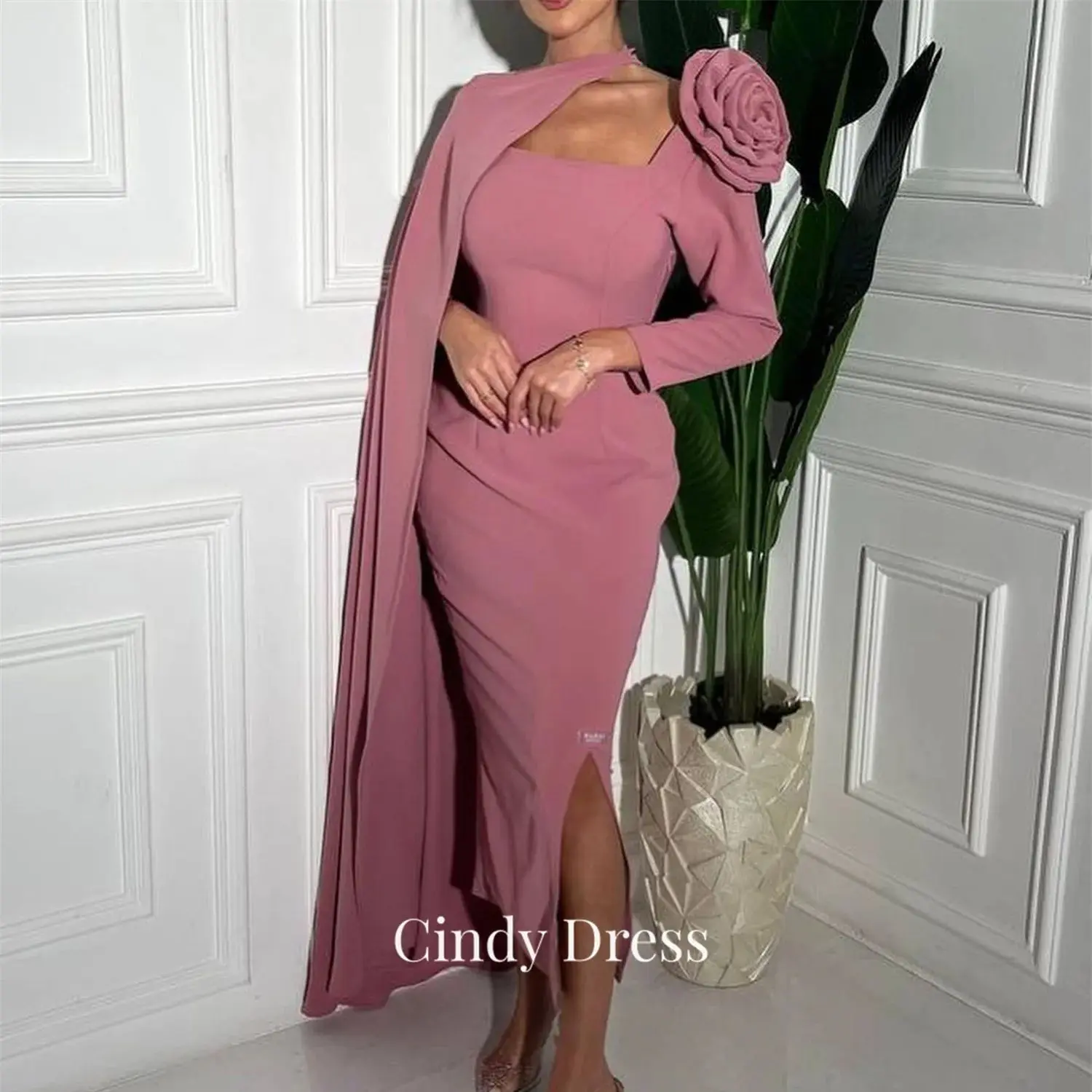 

Cindy Flesh Pink Shawl Saudi Flower Long Sleeve Square Collar Bride Dresses Woman's Evening Dress Luxury 2023 Graduation Formal