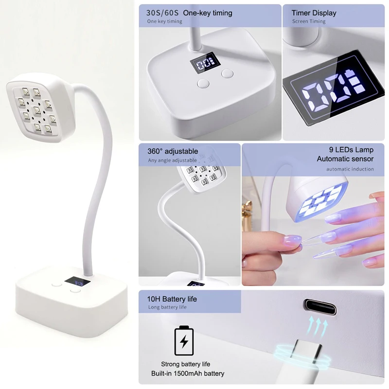 Wireless Nail Lamp LED UV Nail Dryer Rechargeable Auto Sensing Touch Control Fast Drying Nail Light 360° Bendable Table Lamp