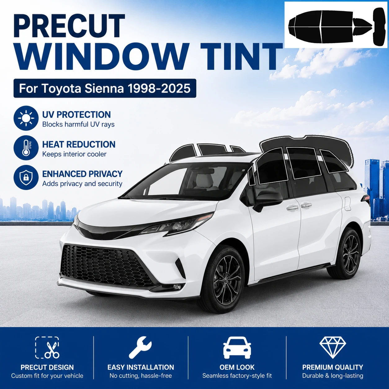 

Pre-Cut Window Tint Car for Toyota Sienna 1998-2025 Any Year Auto Sun Uv Blocking Heat 2Ply Window Protector Privacy Films