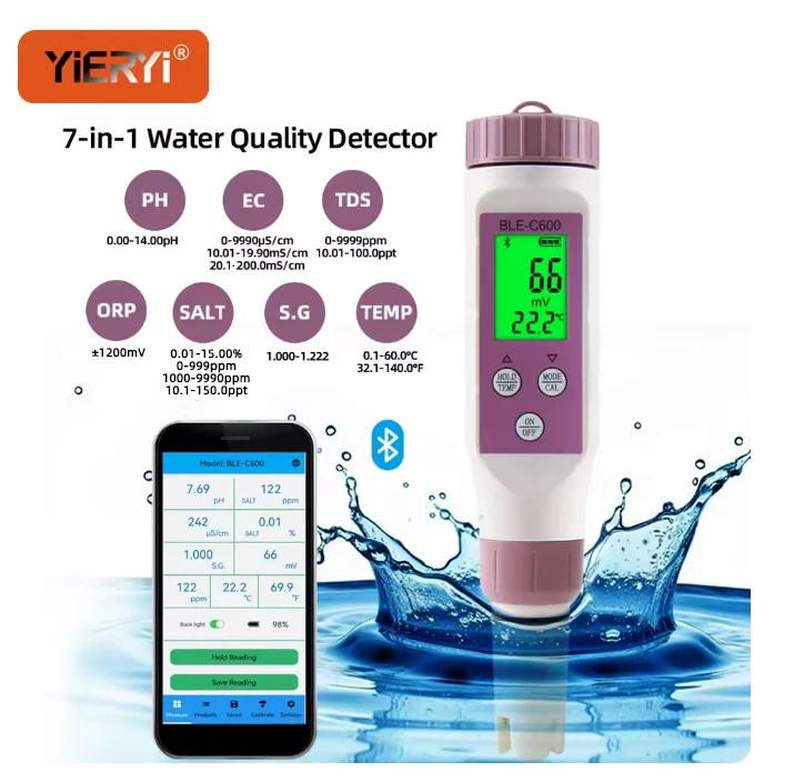YIERYI TDS-Messgerät für Trinkwasser, Bluetooth PH ORP-Tester mit App, hochpräziser digitaler Flüssigkeitsanalysator für Heimaquarium