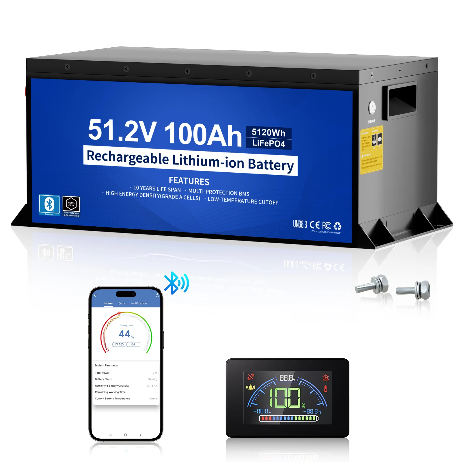 48V 100Ah Metal Case Lithium Golf Cart Battery, 200A BMS LiFePO4 Battery Bluetooth Mobile APP & LCD Monitor, Peak Current 670A