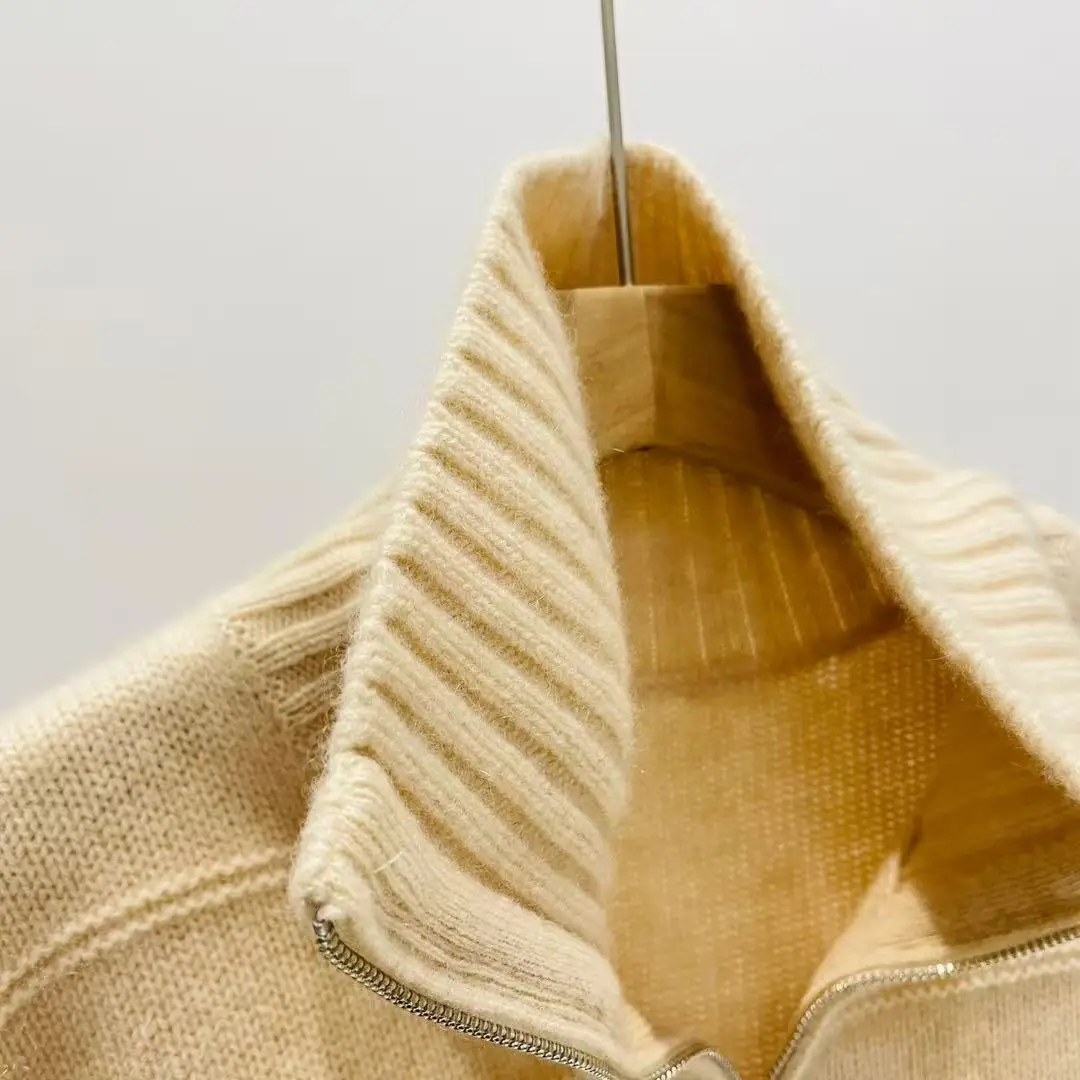 Elegant graceful half-open zipper pure cashmere sweater