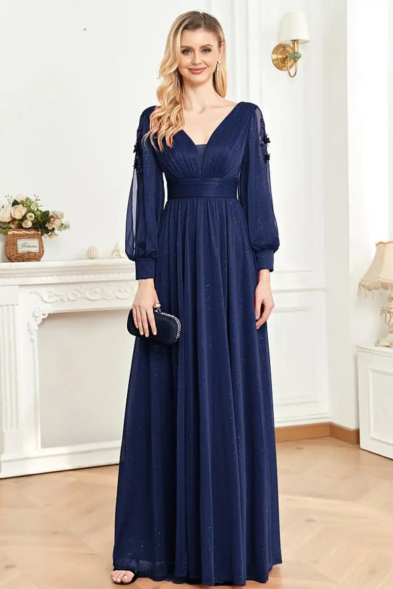 2024 Hot Elegant Applique Blue V-Neck Evening Dress Luxury Long Sleeve Split Front Chiffon Wedding Party Prom Cocktail Dress