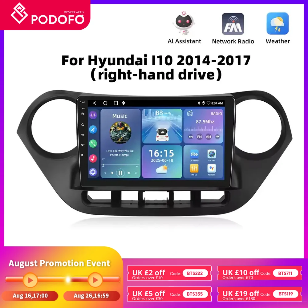 Podofo Android Car Multimidia Player For Hyundai I10 2014-2017 Auto Radio GPS Navigation Carplay Touch Screen NO 2DIN DVD