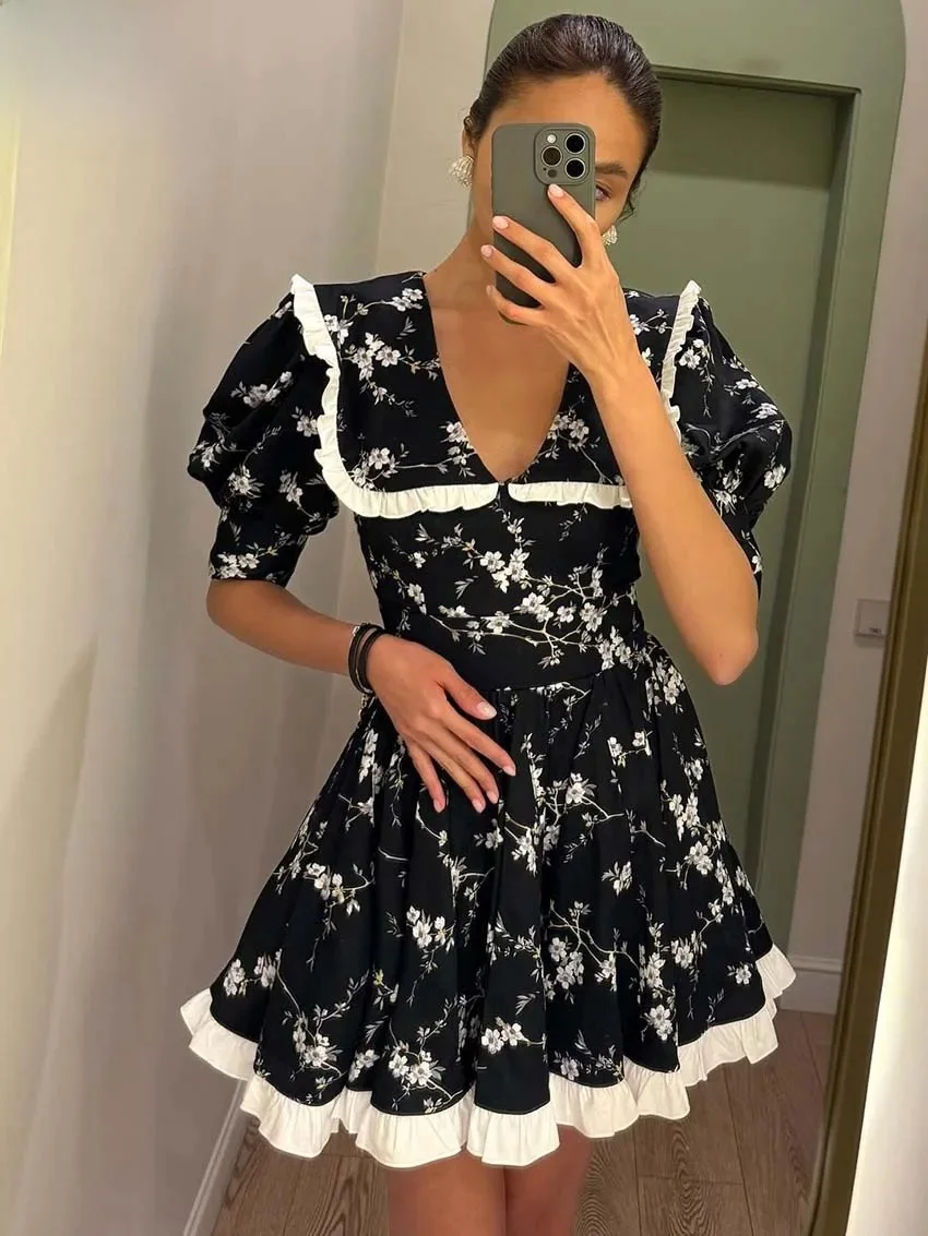 Oymimi Casualowa czarna sukienka damska z nadrukiem Eleganckie patchworkowe sukienki z kołnierzykiem Piotruś Pan Modne plisowane mini sukienki z krótkim rękawem — zdjęcie 2