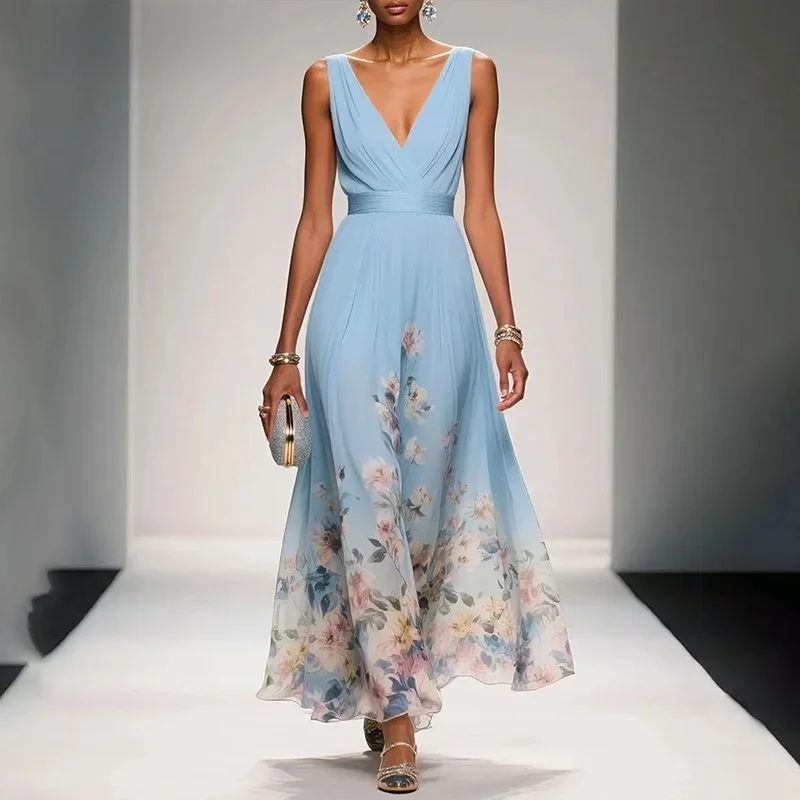 2025 nieuwe sexy v-hals a-lijn galajurken zomer dames hoge taille chiffon bedrukte jurk lente mode mouwloze bohemien jurk - afbeelding 2