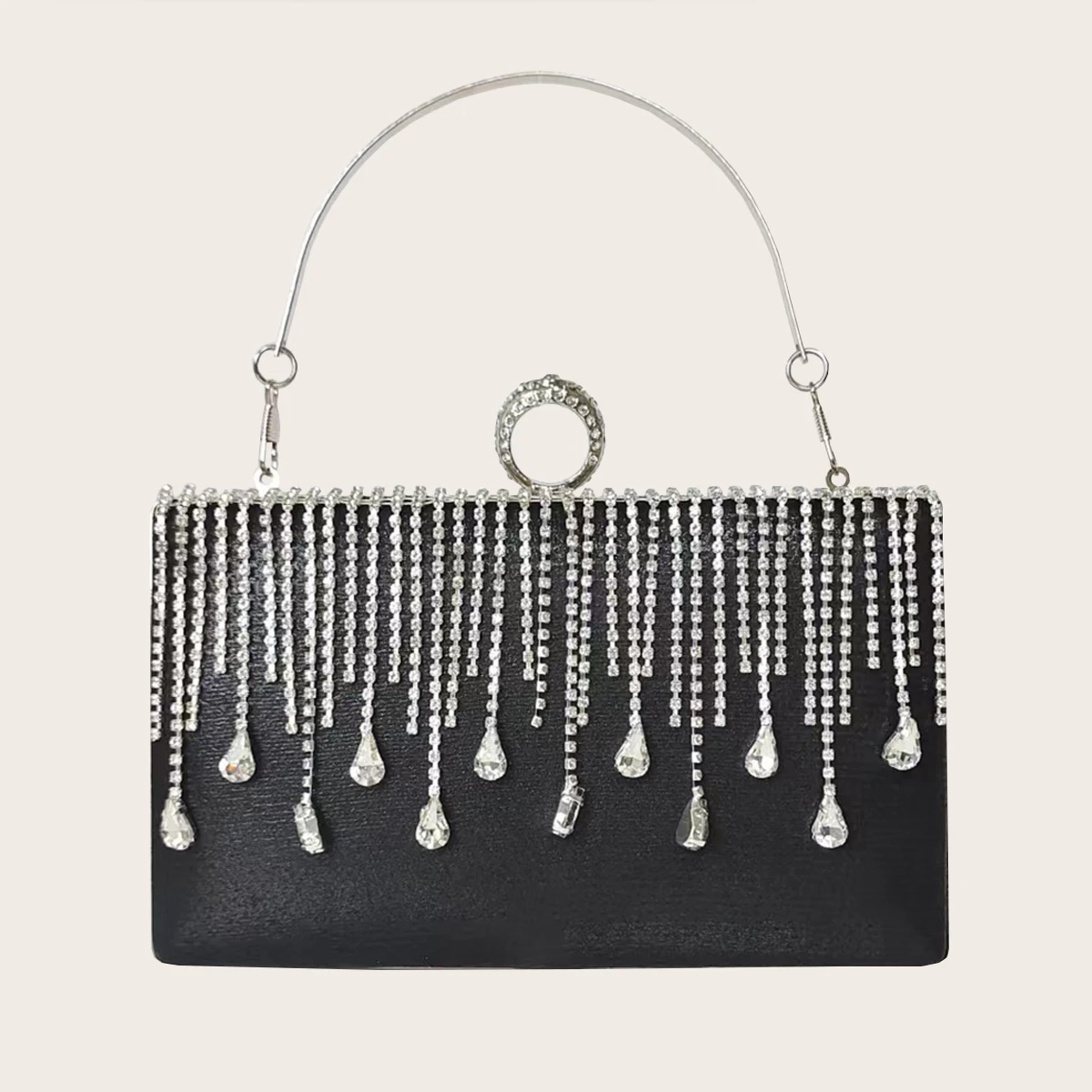 Rhinestone Tassel Evening Bag Fashion Elegant Silver Clutch Bag Wedding Party Women's Handbag Black Shoulder Bag