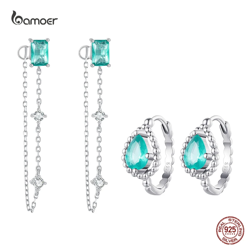 Bamoer 925 Sterling Silver Dewdrop Ear Buckles Delicate Hoop Earrings Aqua Chain Stud Ear for Women Fine Party Fine Jewelry Gift