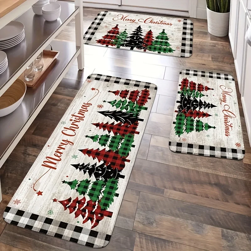 VIKAMA Christmas Kitchen Mat, Vintage Christmas Tree Rug, Wooden Board Rug, Buffalo Plaid Rug, Christmas Holiday Atmosphere Deco