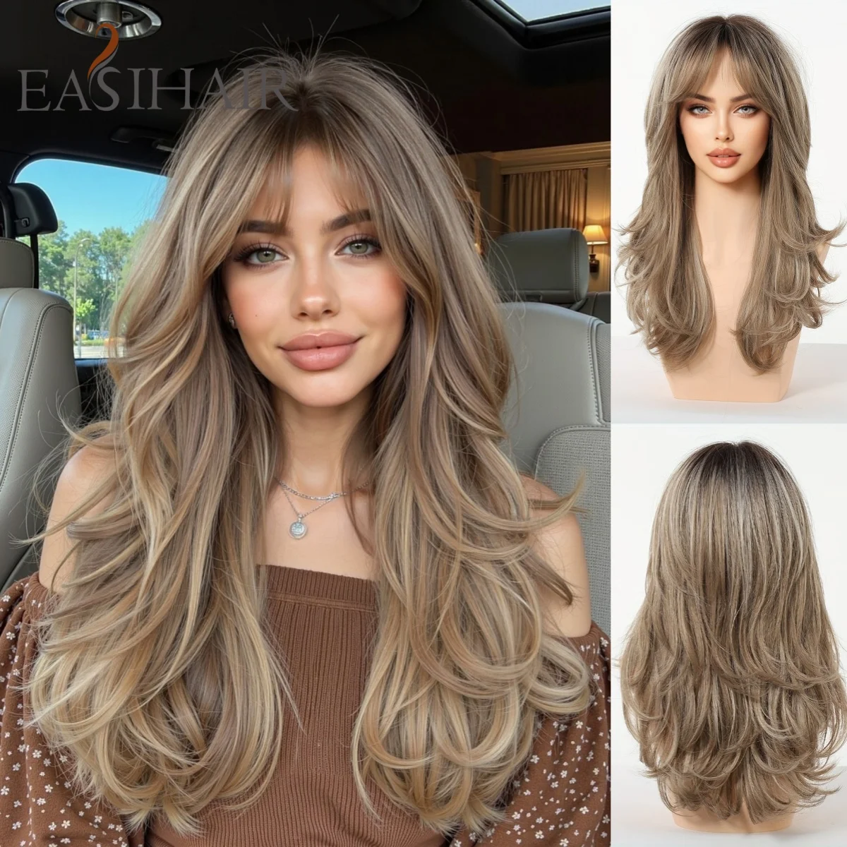 EASIHAIR Aschbraune Ombre-Perücke, gewellt, synthetische Perücke mit Pony, lange, natürlich aussehende Haarperücke für Frauen, hitzebeständige Faser
