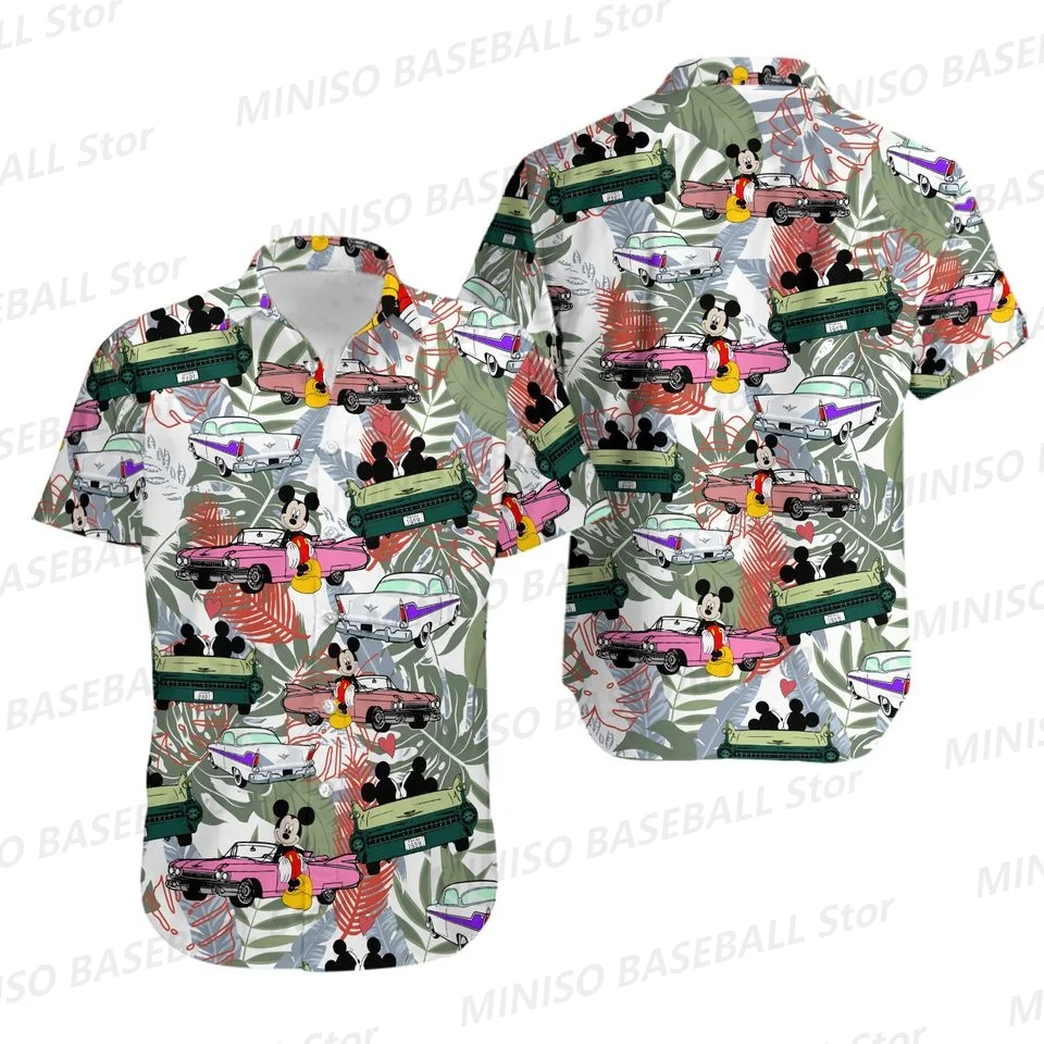 New Boys and Girls Disney Mickey Mouse and Travel Car Hawaiian Cartoon Summer Shirt 2024 Kids/Adults Casual Resort Beach Shirt