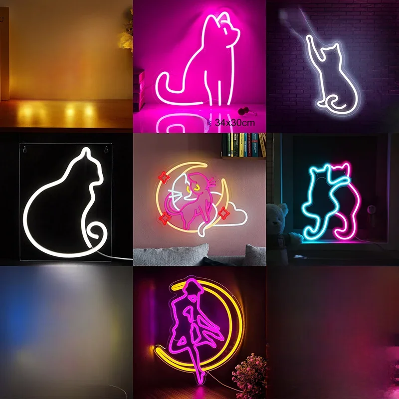 Lune chat enseigne au néon lumière LED personnalisée Animal beauté affaires Logo lampe de nuit décor chambre mur boutique cadeau pour enfants fête