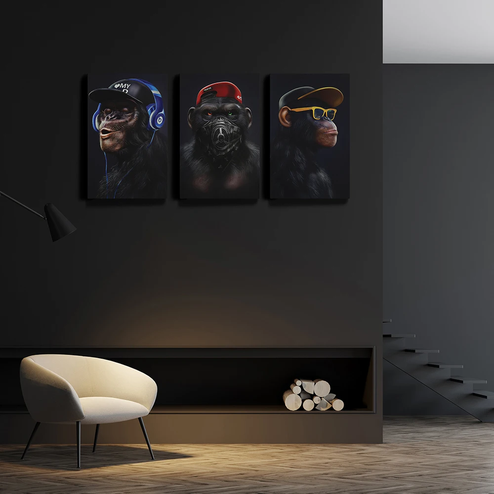 No Hear No See No Speak Three Wise Monkeys Wall Art Home Decor Chimpanzees Poster Canvas Print Painting for Living Room Cusdros