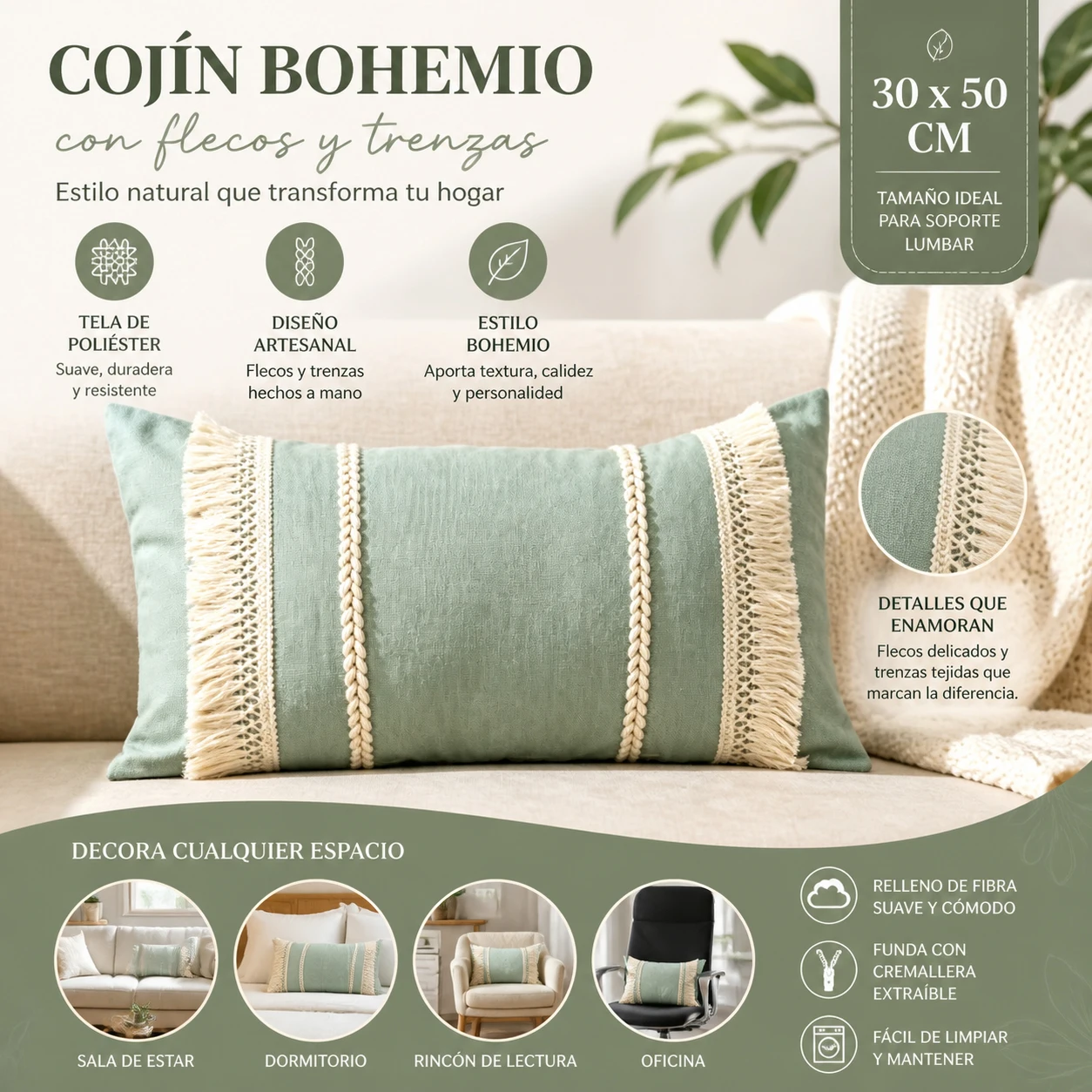 Coussin lombaire 30x50 cm bohème avec dentelle, tissu polyester doux, franges et pompons faits à la main, 2 couleurs (vert/rose), procure chaleur et texture, décoration pour salon, chambre et bureau