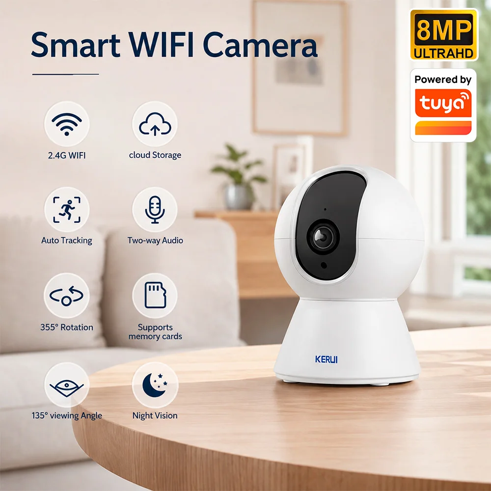 KERUI 8MP 4K PTZ Camera Indoor Google Assistant Wireless IP Camera Work with Tuya Smart Video Surveillance Camera Home Security