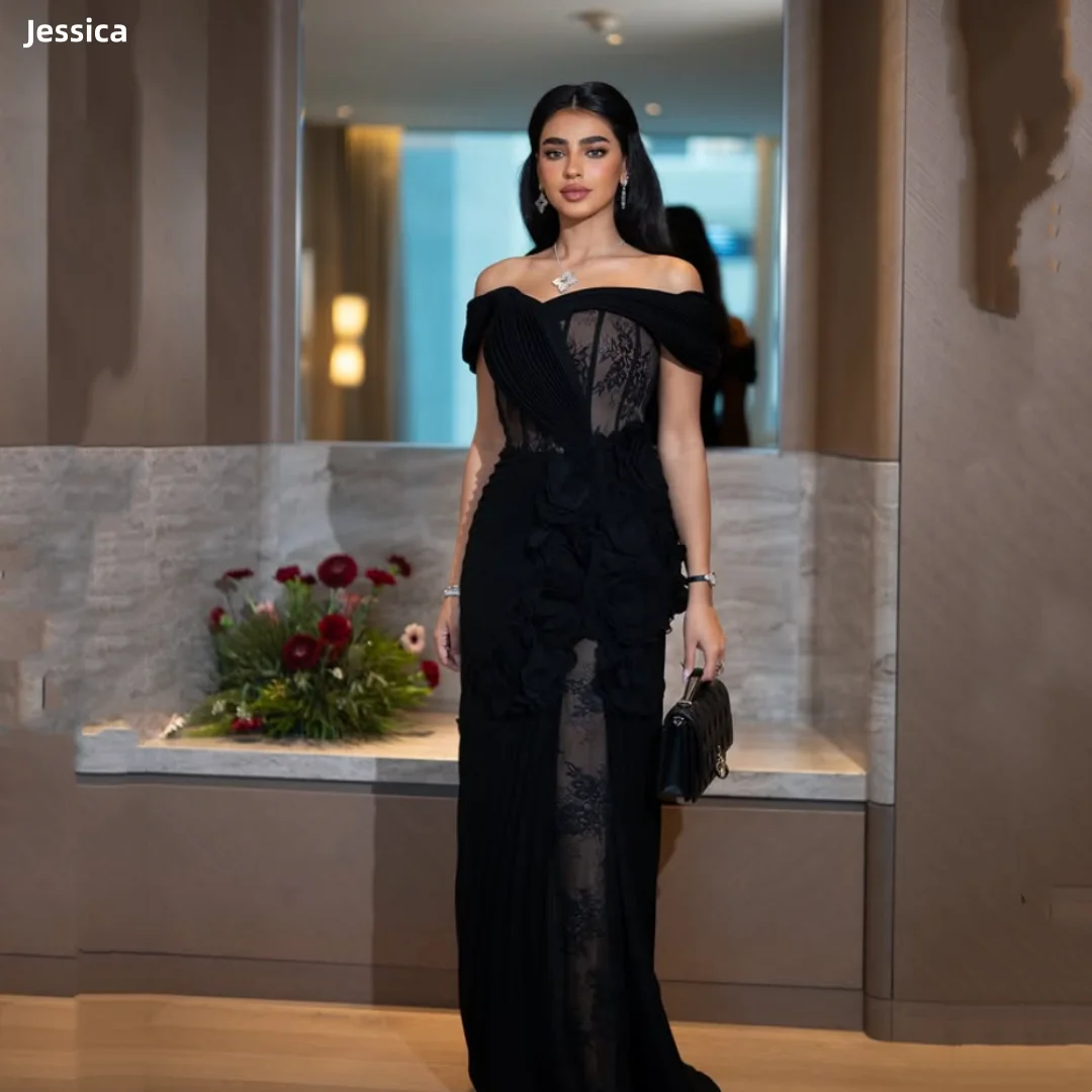 

Jessica Black Evening Dresses Off-shoulder Lace Embroidery Prom Dresses Slim Fit Mermaid Wedding Party Dresses Customized