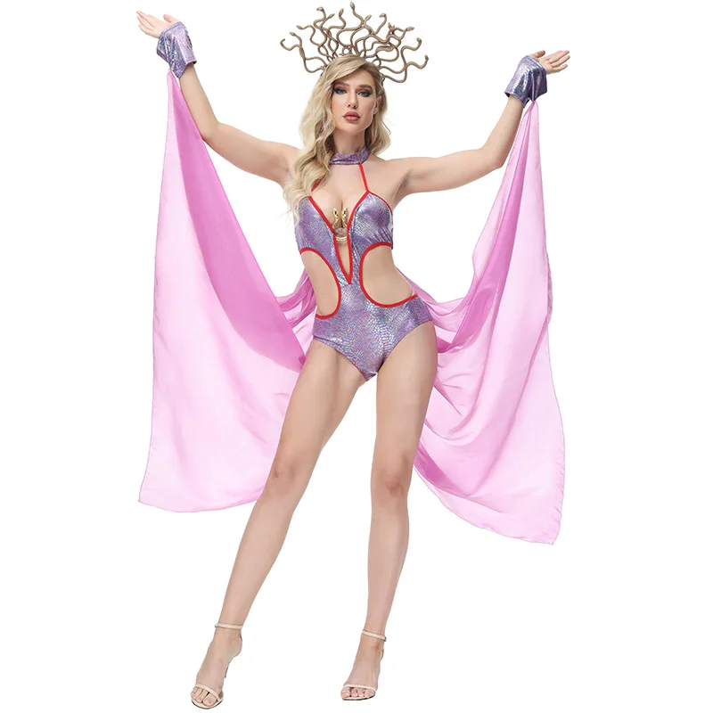 Women Sexy Greek Goddess Costume Bodysuit Fancy Dress Up Purple 2Pc Mesmerizing Medusa Costume