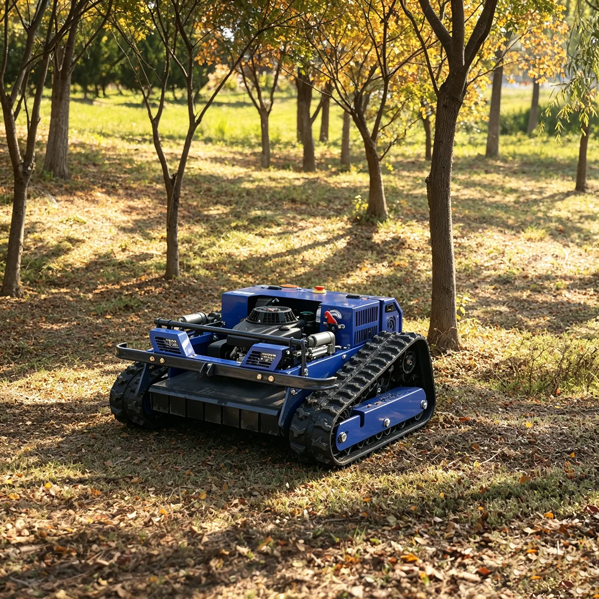 This remote-controlled electric lawnmower features a 55cm mowing width and an adjustable mowing height of 2–15cm, offering convenient remote control operation and flexible handling. Its 1.2L capacity provides up to 1 hour of use.