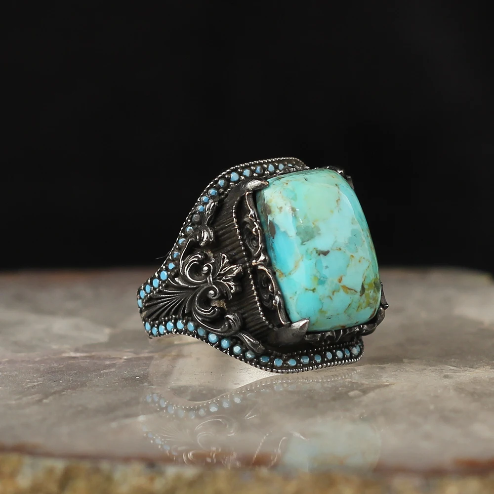 

925 Sterling Silver Ring Oval Natural Turquoise fayruz stone Handmade for men side bead mini zircon stylish design high quality