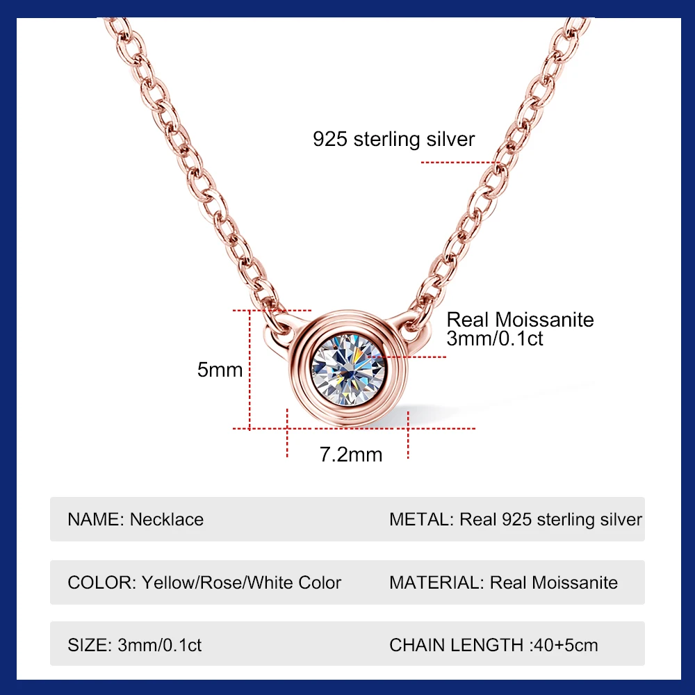 3MM Round Moissanite Pendant Necklace 0.1ct Mini Single Solitaire Necklace Clavicle Chain for Women 925 Sterling Silver Jewelry