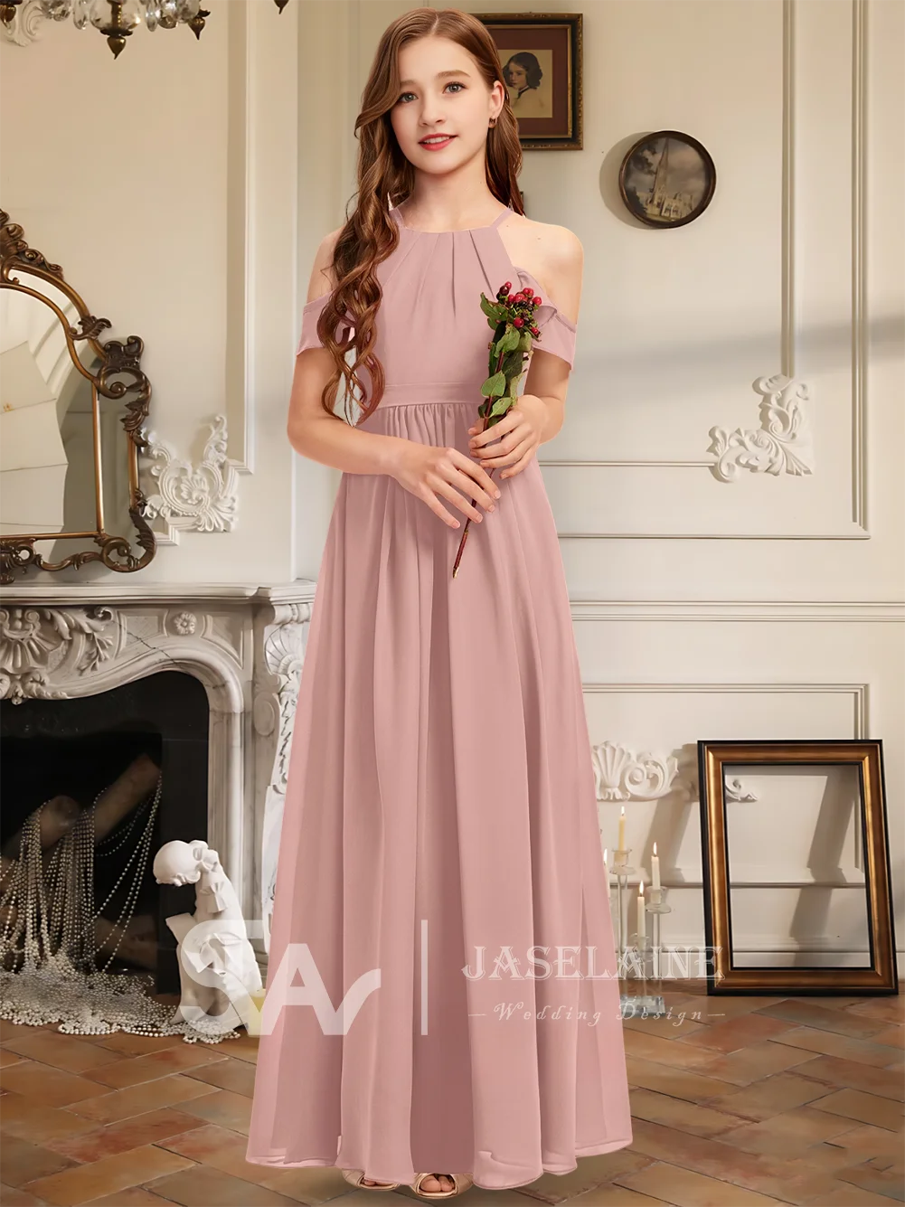 

A Kids Navy Blue A Line Halter Floor Length Chiffon Junior Bridesmaid Dress Sleeveless Flower Girl Dress Wedding Party Formal