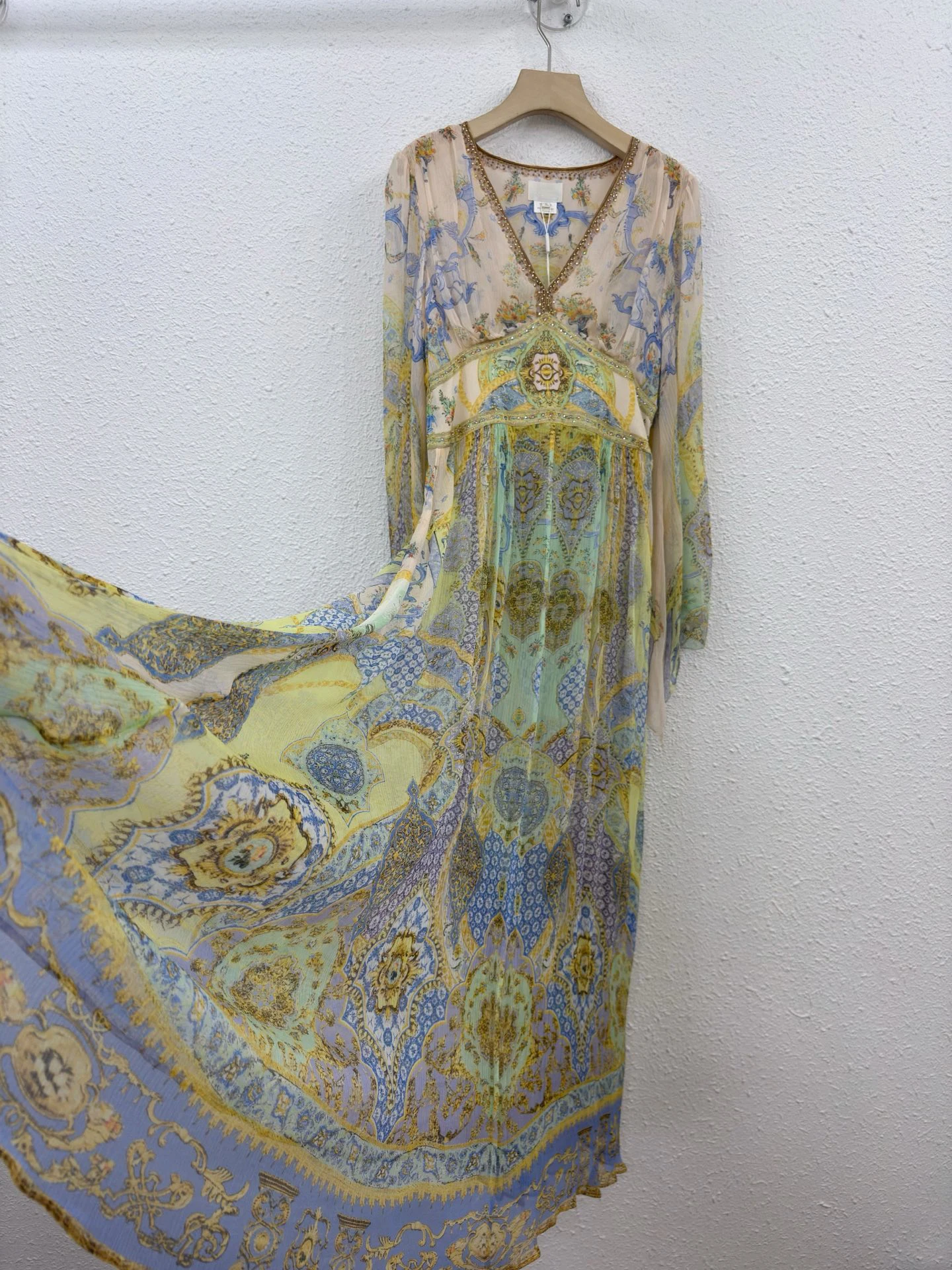 Abito lungo in chiffon con stampa paisley da donna al 100% in vera seta, manica lunga, scollo a V profondo, abito lungo Boho fluido