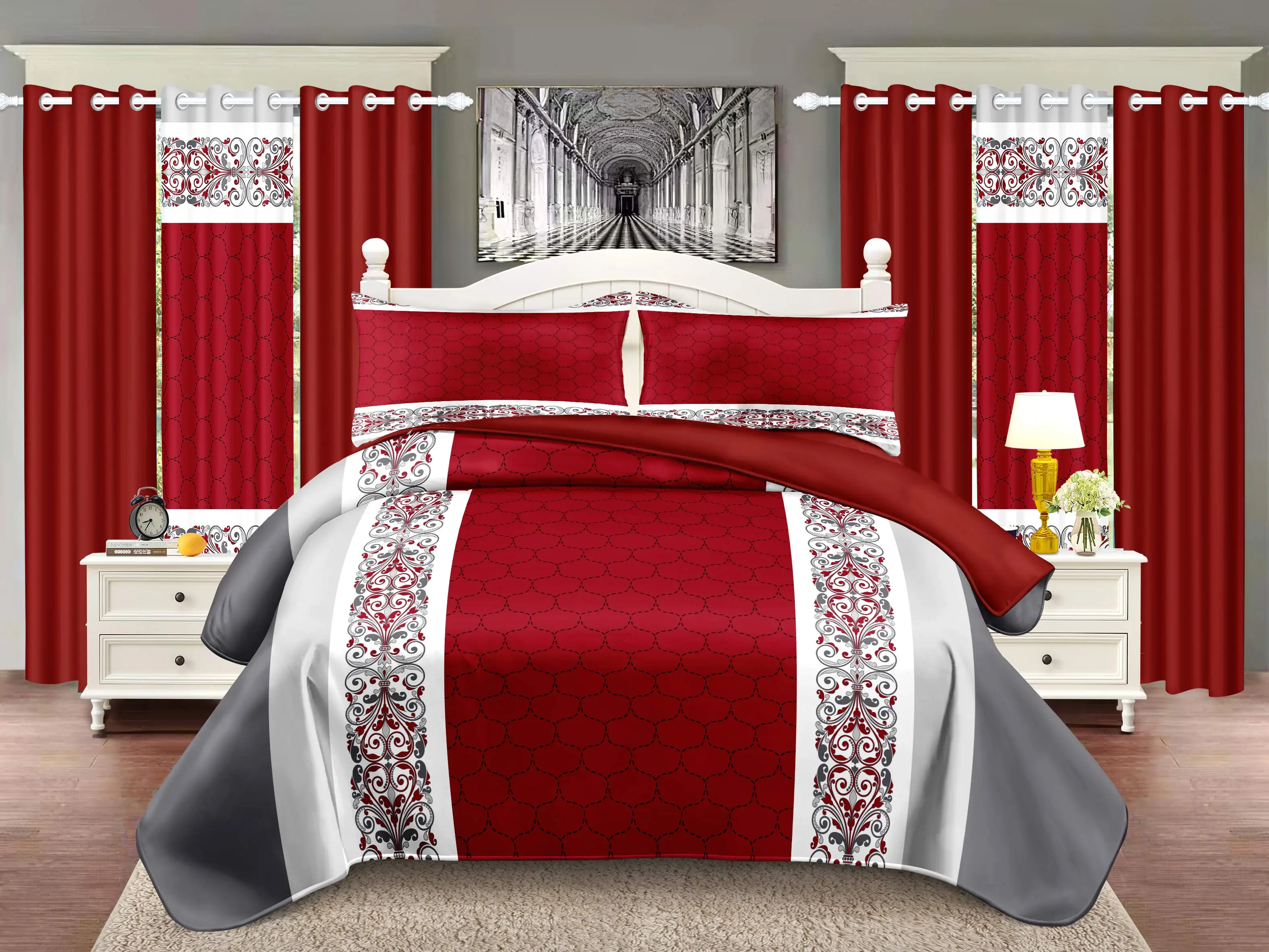 

Print 9pcs Bedding Set(1*Bedspread+2*Pillowcases+2*Print Curtains+4*Solid Curtains) Soft Comfortable Red and Grey