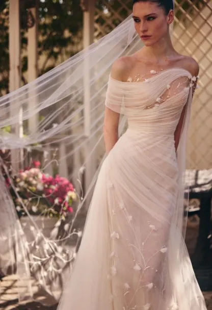 LumiGown 2026 Custom 3D Floral Embroidered Tulle Wedding Gown Ivory Asymmetric Off Shoulder Draped Cape Long Train Luxury Dress