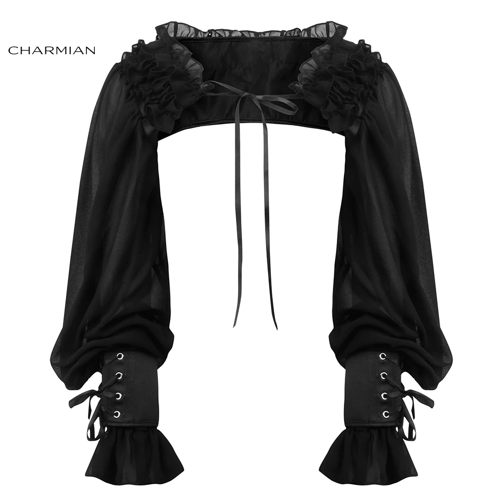 Charmian Women Gothic Shrug Tops Vintage Victorian Lace Up Cuffs Sheer Chiffon Long Sleeve Bolero Jacket Steampunk Crop Top