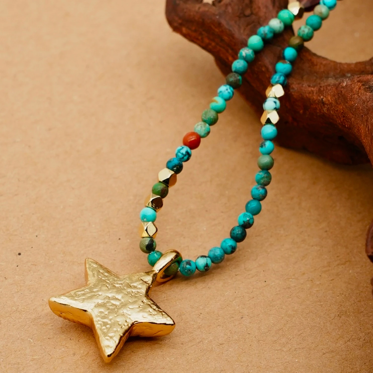 YAJUNIEL Natural Turquoise Gemstone Beads Necklace for Women Starfish Pendant 24K Gold Plated Hypoallergenic Adjustable Chain