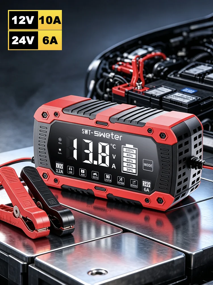 Autobatterie-Ladegerät 12V 12A / 24V 6A, Autobatterie-Ladegerät und -Pflegegerät mit LCD-Anzeige, intelligentes Impuls-Reparatur-Ladegerät für 12V-Autobatterien, AGM-Blei-Säure-Batterien