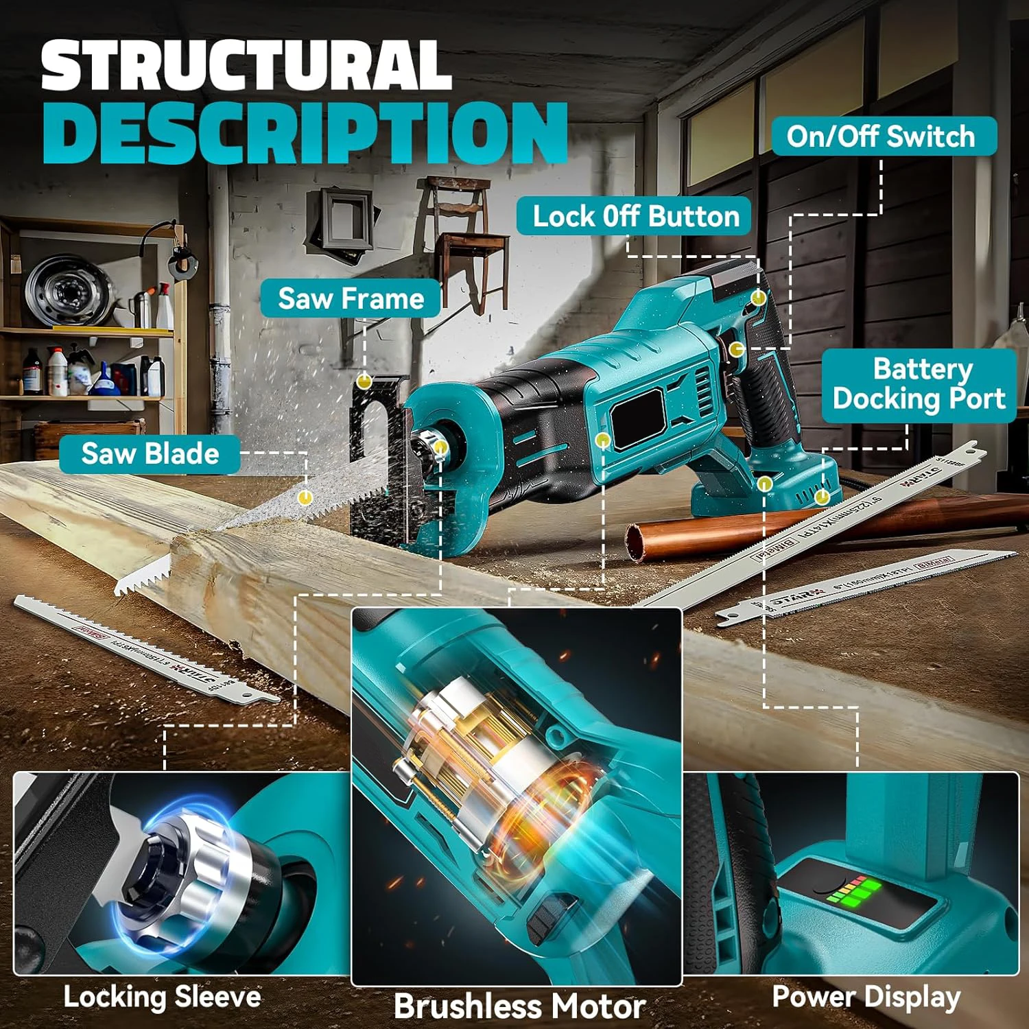 Brushless Cordless Electric Reciprocating Saw Variable Speed 3200 SPM Wood Metal Wood Cutting Electric Saw for Makita 18VBattery