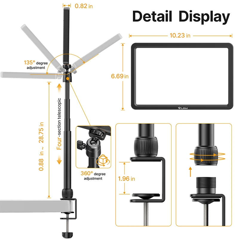 VIJIM K20 11inch Panel Light Diammable 2500K-9000K LED Key Light  with 30m Remote Control Extend Light Stand for Live Stream