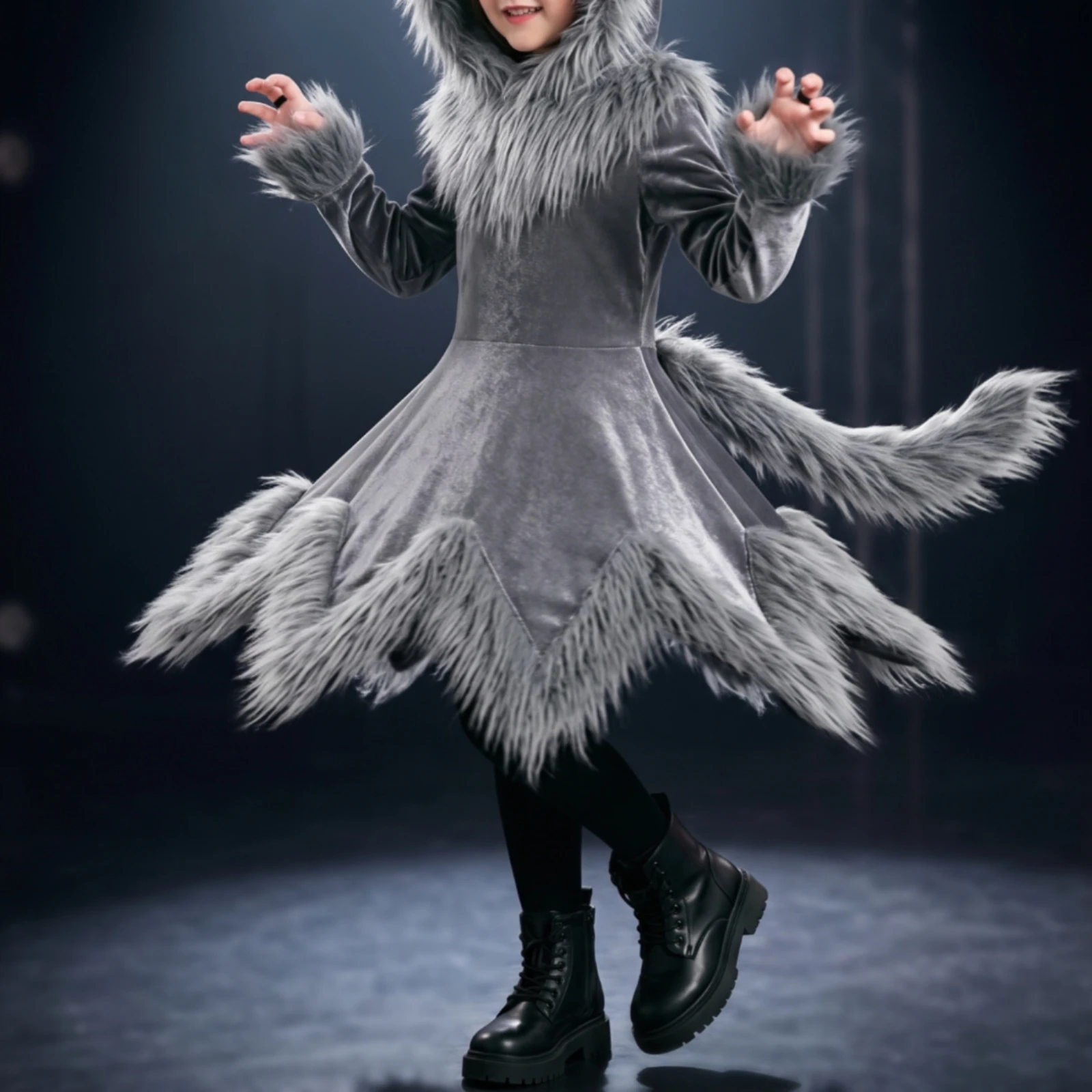 Children's Wolf Costume with Tail Faux-Fleece Hooded Animal Outfit for Girls Halloween Cosplay Stage Performance