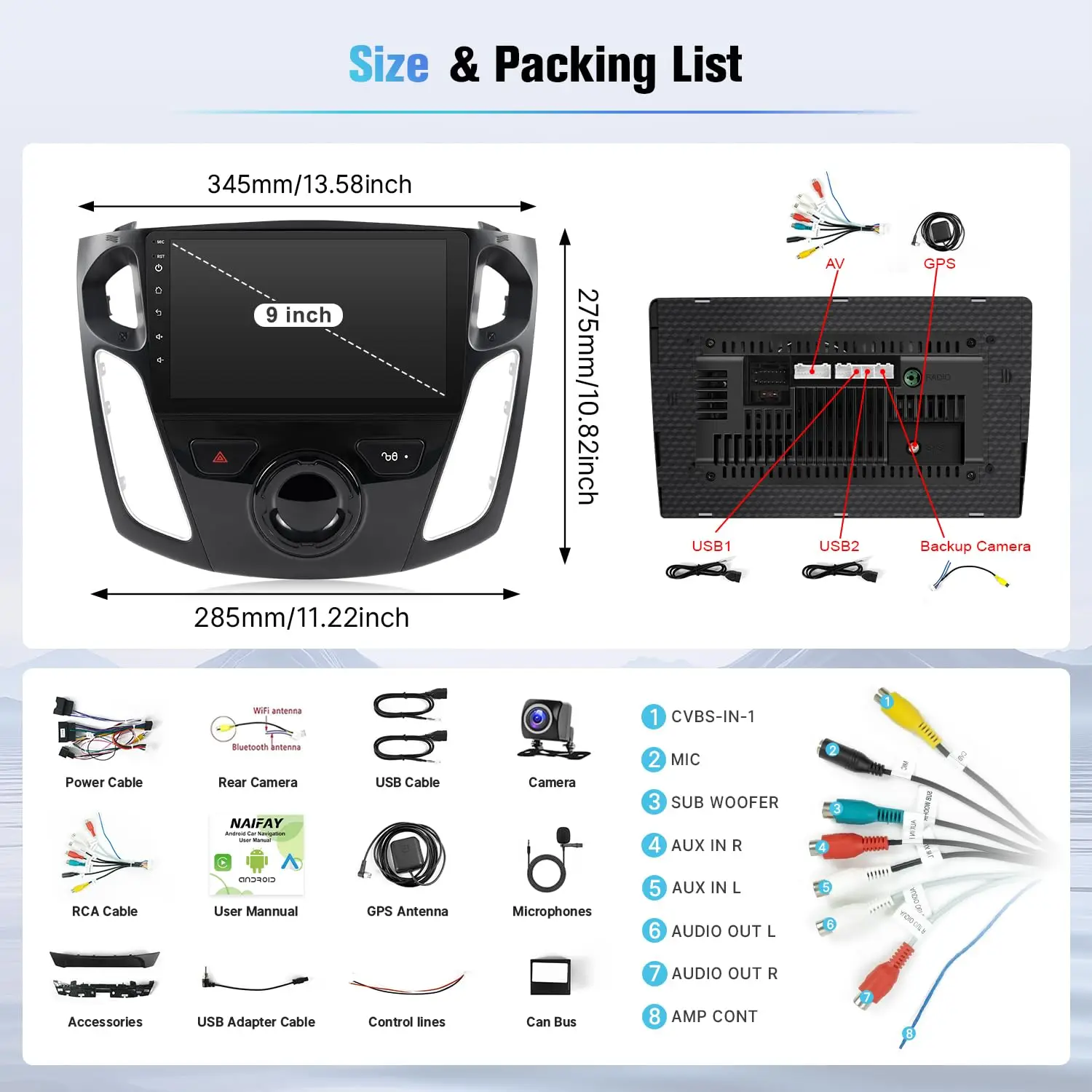 شاشة لمس 9 بوصة Ford Focus 2012 2013 2014 2015 2016 2017 2018 راديو مع Carplay لاسلكي، Android Auto، Bluetooth GPS، WiFi、F