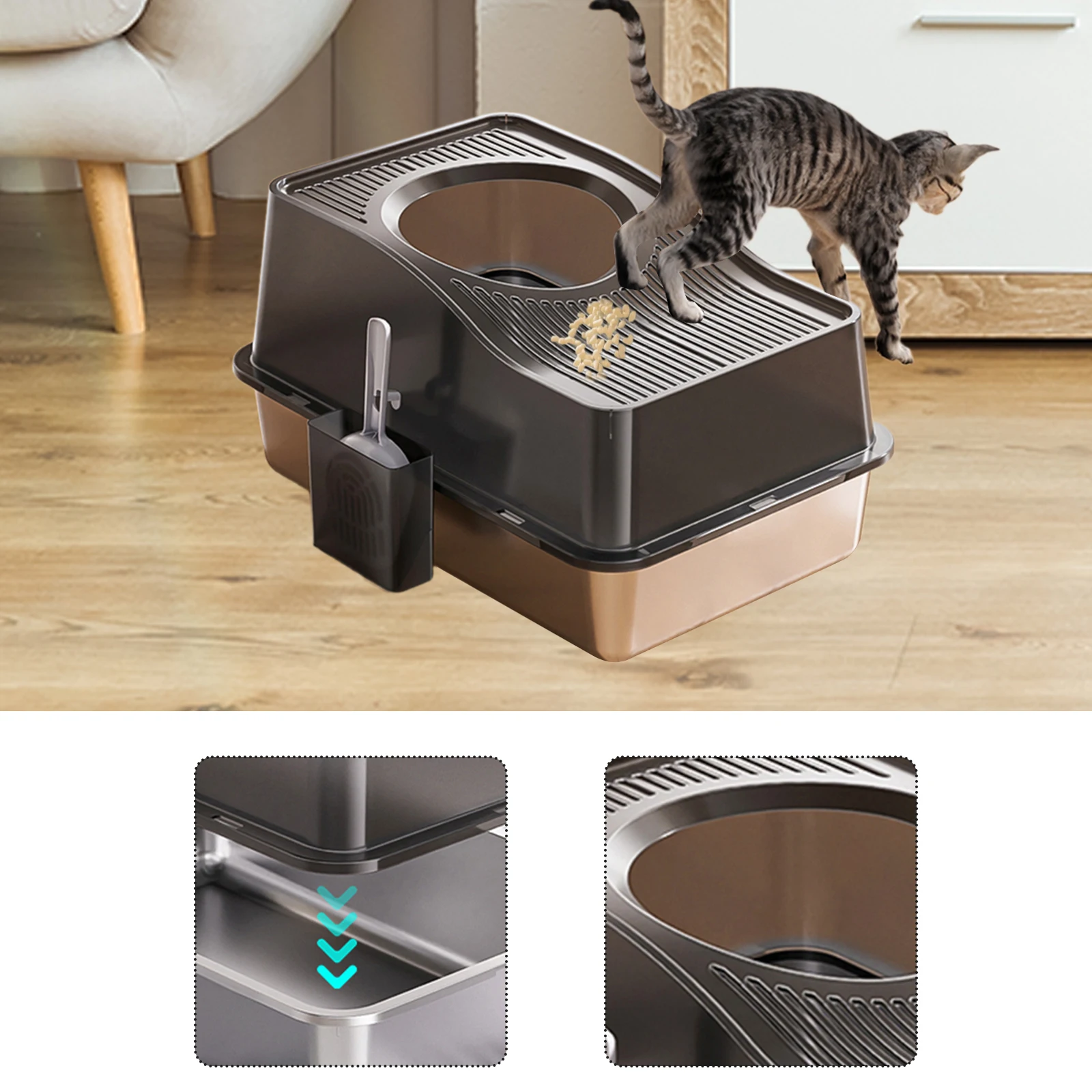 

Stainless Steel Cat Litter Box Fully Enclosed Lightweight Splash Guard Enclosed Litter Box With Litter Mat And Scoop Cat Bedpan