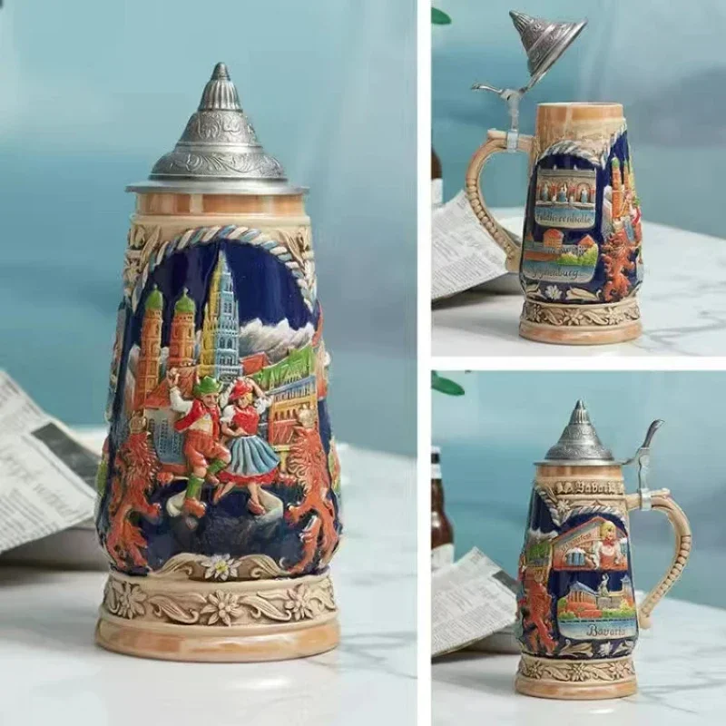 Bierkrug Becher Deutsch München bayerischen Wikinger Krug mit Zinn deckel Trinkbecher für Männer Geschenke große Kapazität 1000ml