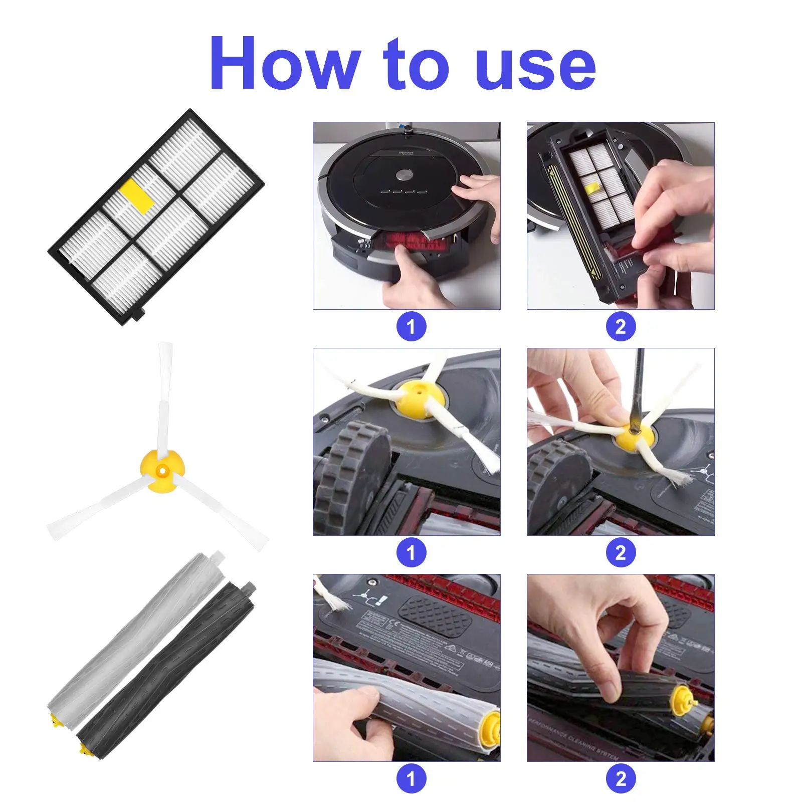 Para irobot roomba 800 900 série 860 865 866 870 871 880 885 886 890 960 966 980 escova principal escovas laterais filtro hepa acessórios