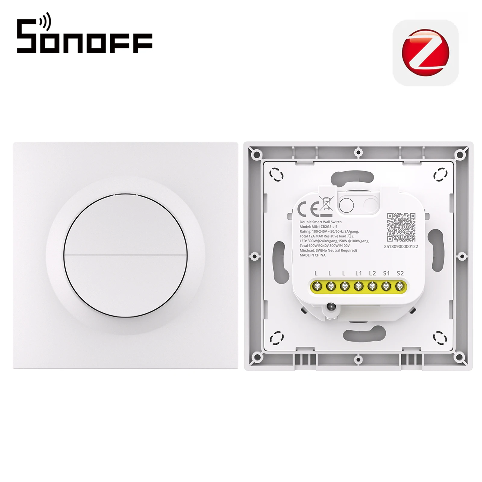 SONOFF Orb-ZBW2L Zigbee Intelligenter Wandschalter mit 2 Tasten MINI-ZB2GS-L-E, ohne Neutralleiter, Gesamtlast 12A, Zweikanal-Überlastschutz