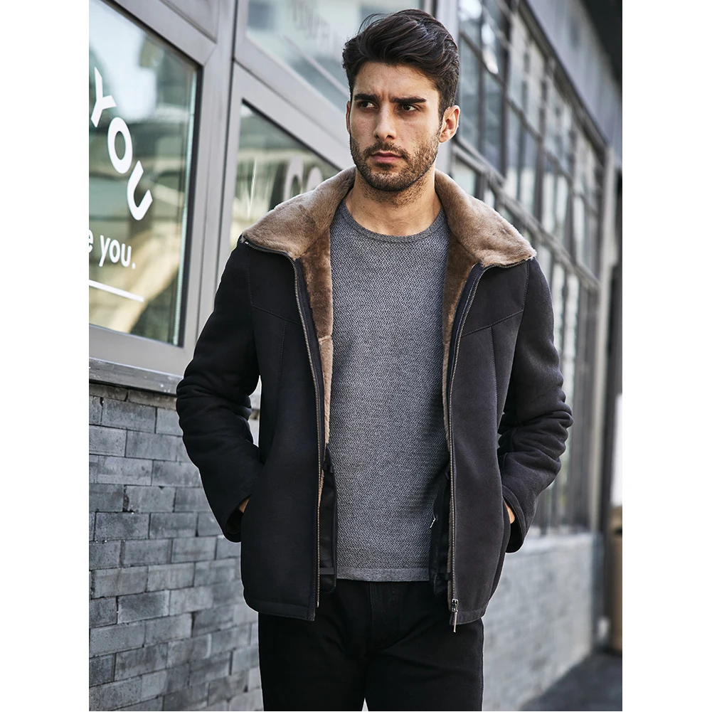 Denny&Dora Mens Shearling Jacket Black Leather Jacket Short Fur Coat Mens Winter Coats