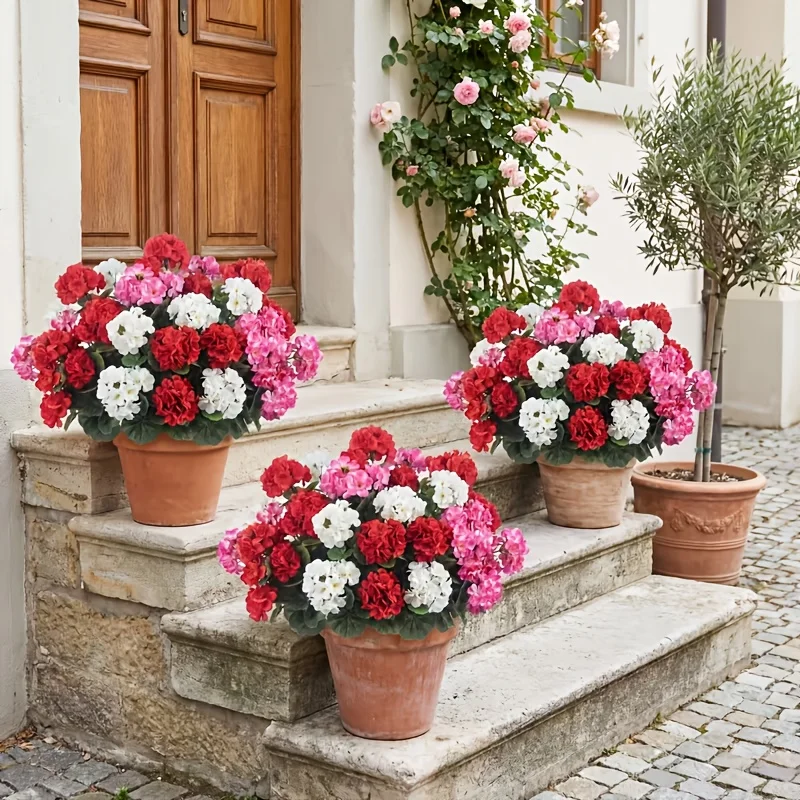 3 Stück bunte künstliche Geranienblumen für den Außenbereich | UV-beständige Kunstblumen, langlebige Kunststoff-Dekorationen für den Innen- und Außenbereich, Kunstblumen für den Außenbereich, geeignet für Hochzeiten, Gärten, Terrassen, Vordächer, Balkone, Fensterbänke, Außendekorationen, Tischdekorationen, Blumendekorationen für den Außenbereich, Verandendekorationen, Gartendekorationen, Hängeelemente, wartungsfrei. – Detail 5